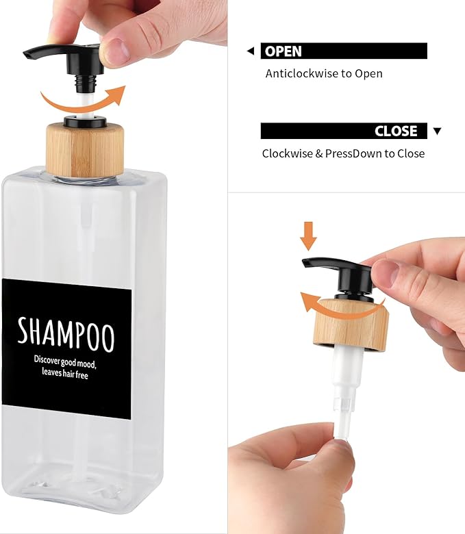Shampoo and Conditioner Dispenser, Set of 3 16.9oz Refillable Shower Bottles Soap Dispenser with Waterproof Labels, Empty Plastic Bamboo Pump Body Wash Dispenser Set for Bathroom Hotel Tawny