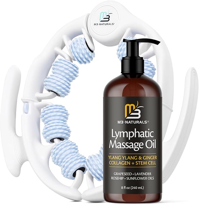 Lymphatic Drainage Massage Oil + Anti Cellulite Roller Kit - Ylang Ylang + Ginger Oil with Collagen & Stem Cells + Contouring Roller for Smooth, Firm-Looking Skin by M3