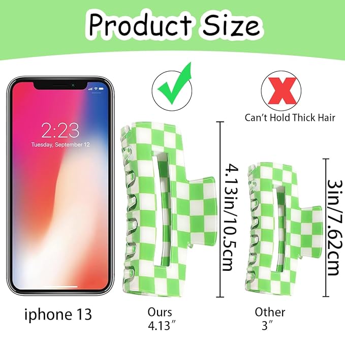 2 PCS Checkered Hair Claw Clips Green Non Slip Hair Jaw Clips Strong Hold Rectangle Hair Claw Multicolored Plaid Checkered Hair Clip Rectangle Hair Barrettes Hair Styling Accessories for Women Girls