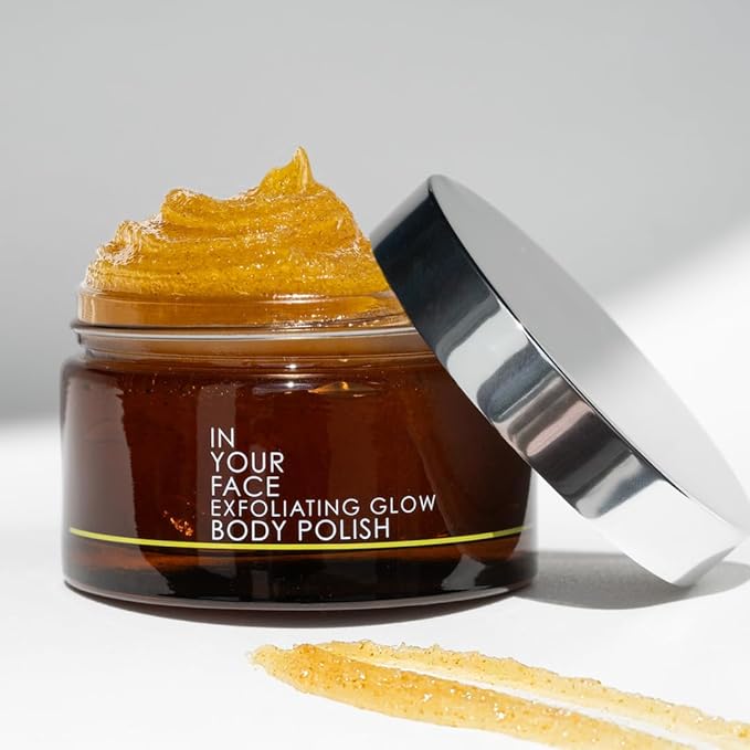 In Your Face Exfoliating Glow Body Polish – AHA BHA Scrub with Fruit Enzymes, Sugar Maple, Willow Bark & Bamboo – Natural Skin Exfoliator for Body for Smooth, Glowing Skin – Vegan Skincare — 7 oz
