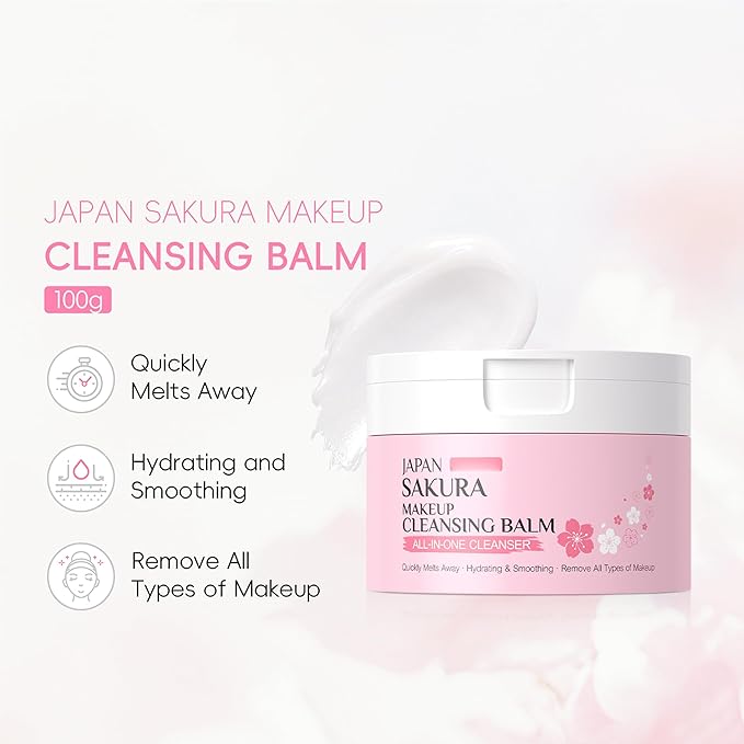 Sakura Makeup Cleansing Balm, Hydrating & Smoothing All-In-One Cleanser Quickly Melts Away, Gently Cleanse Dirt, Impurities And Makeup Face Cleanser & Makeup Remover for Women Girls, 3.53oz.