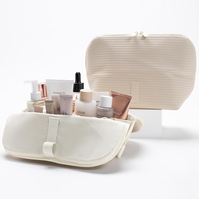 THE VERTI-Vertical Waterproof Makeup & Toiletry Bag | 23-Pocket Organizer with Upright, Fold-Down Design for Skincare, Toiletries & Essentials (Shell)