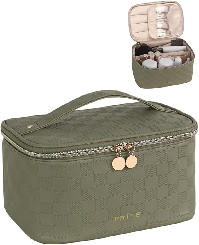 Prite Makeup Bag, Large Capacity Portable Travel Cosmetic Bag, Waterproof Makeup Organizer for Women with Handle and Divider (001 Checkered Green)