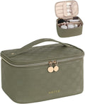Prite Makeup Bag, Large Capacity Portable Travel Cosmetic Bag, Waterproof Makeup Organizer for Women with Handle and Divider (001 Checkered Green)