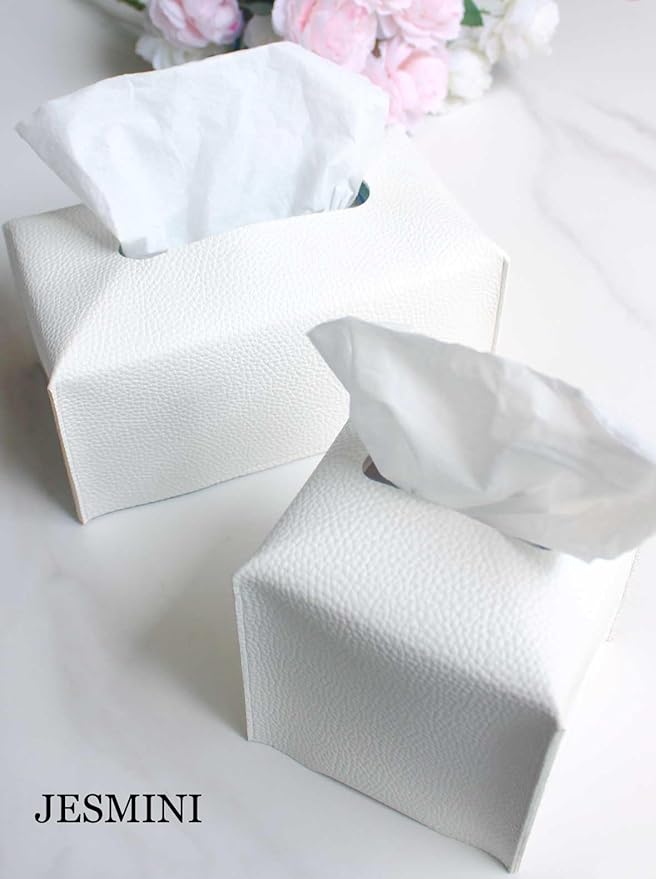 Tissue Holder White Tissue Box Cover – Square Leather Tissue Cover Box with Bottom Belt, Decorative Tissue Box Holder for Modern Home Office Decor