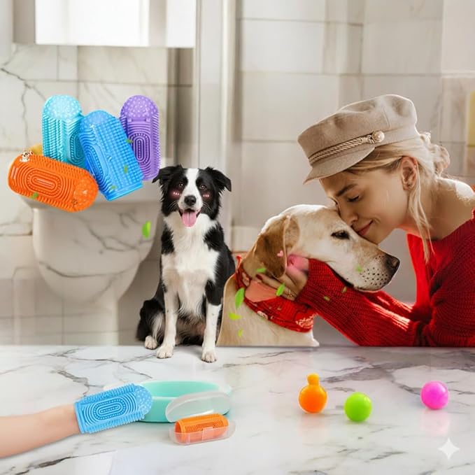 Dog Finger Toothbrush 4-Pack – Pet Tooth Brushing Kit for Dogs & Cats, Puppy & Adult Dental Care – Soft Silicone Finger Brushes for Teeth Cleaning (Blue, Green, Orange, Purple)