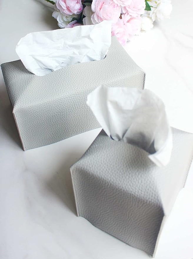 Tissues Cube Box Cover Leather – with Bottom Belt [JESMINI, Light Gray] Decorative Tissue Box Cover for Bathroom Vanity Countertop/Night Stands/Office Desk