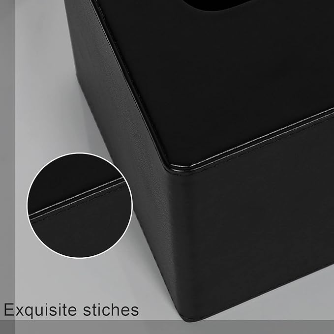 Tissue Box Cover Square PU Leather Facial Tissue Box Holder for Dresser Bathroom Decor (Black)
