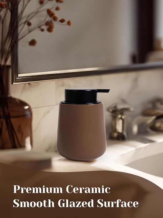 INGOFIN Ceramic Lotion Dispenser - 12 oz Hand Soap Dispenser Bathroom, Modern Liquid Dispenser with Pump, Refillable Dish Soap Bottle for Kitchen, Matte Brown