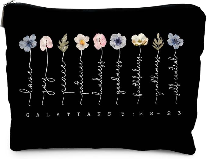 Christian Gifts Makeup Bag, Floral Christian Cosmetic Bags for Women, Galatians 5:22-23 Bible Verse Makeup Pouch, Faith Based Gifts Zipper Pouch(black)