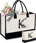 Personalized Gifts for Women - Initial Canvas Tote Beach Bag & Makeup Bag, Unique bags for Christmas, Birthday, Holiday, Wedding, Monogram Birthday Gifts for Women, Wife, Friends, sisters, Mom (K)