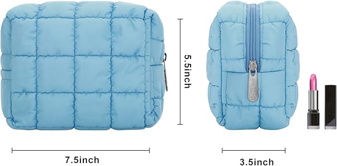 E-Tree Cute Makeup Bag,Quilted Cosmetic Bag,Make up Pouch for Purse,Toiletry Zipper Pouch,Checkered Bag,Travel Case,Storage Pouches for Organization (Blue)