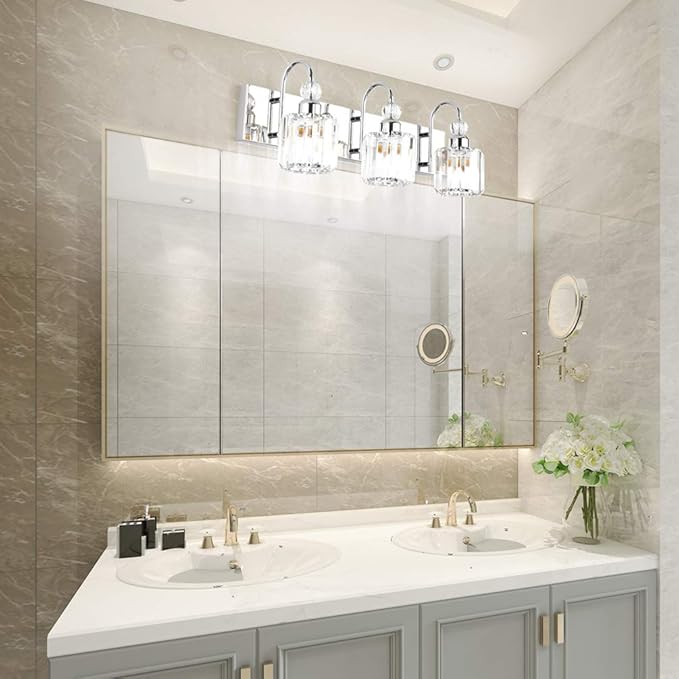 Ralbay Modern LED Crystal Bathroom Vanity Lights 3-Lights Stainless Steel Crystal Vanity Lights Over Mirror Modern Crystal Bathroom Vanity Lighting Fixtures