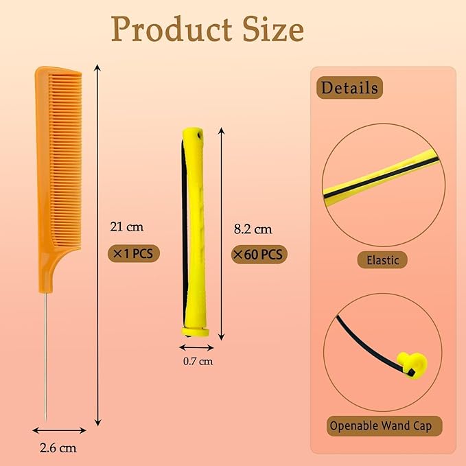 60 Pieces Hair Perm Pods Plastic Perming Rods Cold Wave Rods Curlers Hair Rollers with 1 Pieces Steel Pintail for Hairdressing Styling(Yellow, 0.7 cm/0.28 Inch)