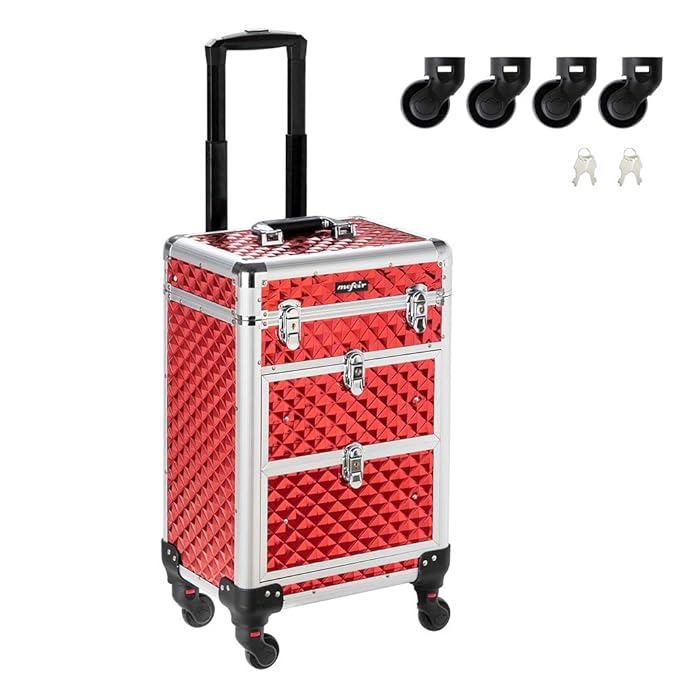 mefeir Aluminum Rolling Makeup Train Case, Portable Makeup Organizer Suitcase, Cosmetic Storage Box, Travel Beauty Luggage Trolley Lockable w/4 Removable Wheels & 2 Sliding Drawers (Red)