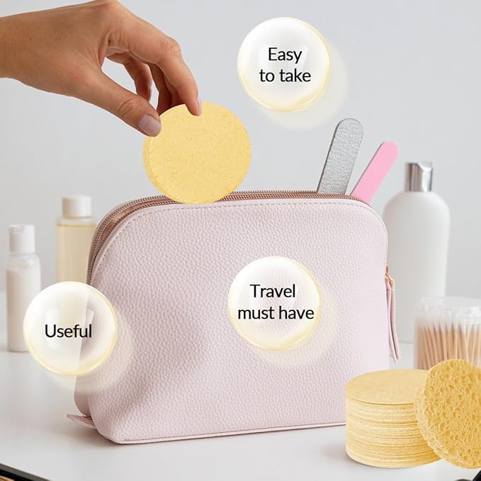 100-Count Facial Sponges - Natural Cellulose, Round Shape - Face Cleansing, Exfoliating, Makeup Removal - Blue, Yellow, Purple, Pink