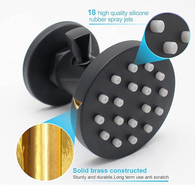 2-Inch Brass Shower Body Spray Jets with On Off Switch Round Showerhead Body Sprays Wall Mount Massage Spa Jet, 2-Function, Flow control and 360° rotation (Matte Black)