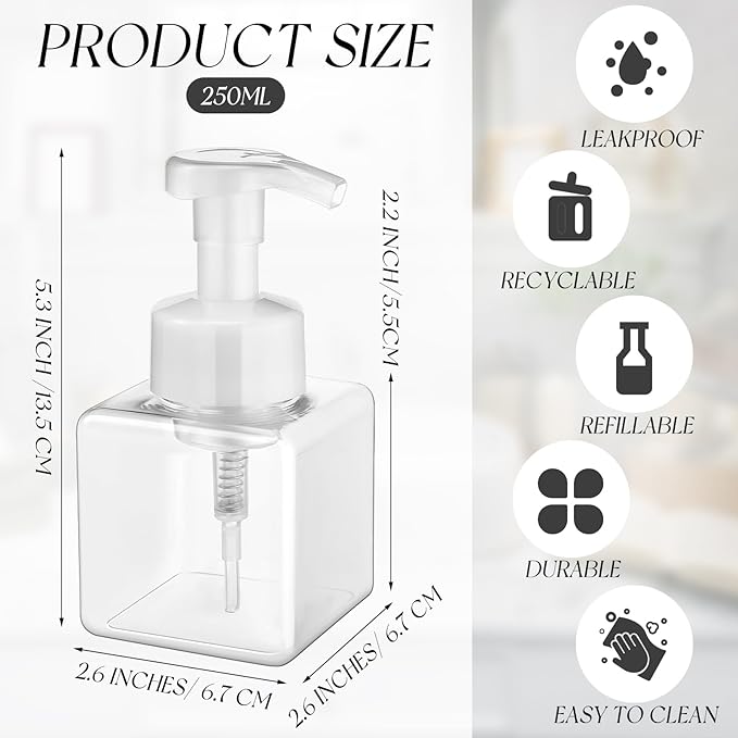 Domensi 12 Pcs Foam Pump Bottle Foaming Soap Dispenser Empty Travel Foaming Dispenser 8.5 oz Refillable Hand Soap Plastic Pump Bottle Travel Clear Container for Bathroom Vanities (Clear)