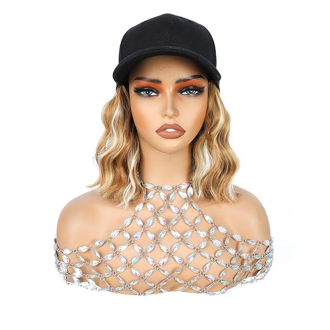 GUOJIAN Hat Wigs for Women 6' Short Wave Baseball Cap Wigs with Curly Hair Extensions Synthetic Wave Wig Adjustable Hat with Hair Attached for Daily Use (B27/613, 6inch)