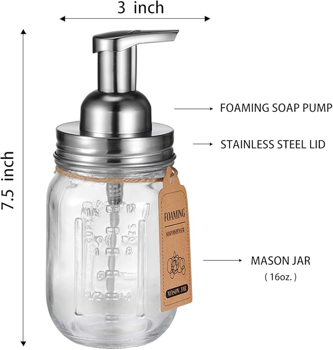 Amolliar Mason Jar Foaming Soap Dispenser, Plastic Soap Pump, Refillable Hand Soap Dispenser for Kitchen, Cute Farmhouse Decor, Dish Soap, Shampoo, Bathroom Soap Accessories, Brushed Nickel 2 Pack