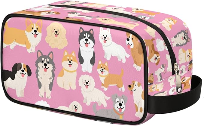Cartoon Cute Dogs Pattern Kids Toiletry Bag for Boys Girls, Cosmetic Makeup Bag with Handle, Travel Shaving Kit Organizer, Waterproof Portable Wash Bag for Gym Vacation Camping Sports