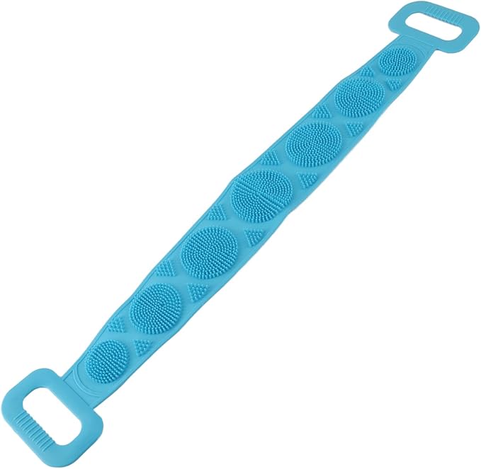 Silicone Bath Body Brush with Strong Tensile Strength - Hangable Back Cleaning Bath Strap - Blue DoubleSided Back Scrubber for Shower & Body Wash (Blue)