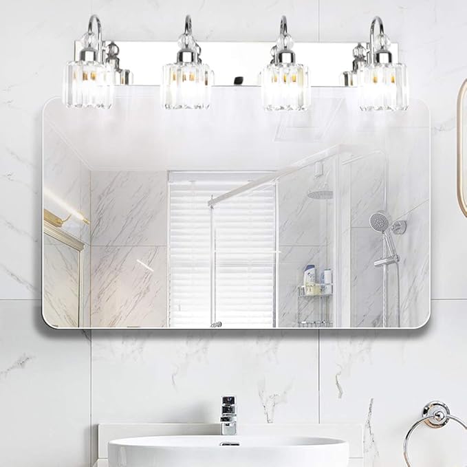 Ralbay Modern LED Crystal Bathroom Vanity Lights 4-Lights Stainless Steel Crystal Vanity Lights Over Mirror Modern Crystal Bathroom Vanity Lighting Fixtures