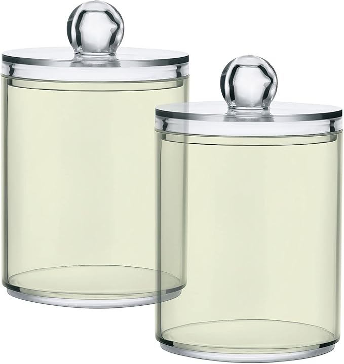 Beige Qtip Holder Organizer Dispenser Cotton Swabs Cans Plastic Jars with Lid Set 2 Pack Bathroom Storage Canister for Cotton Ball Floss Cotton Pads