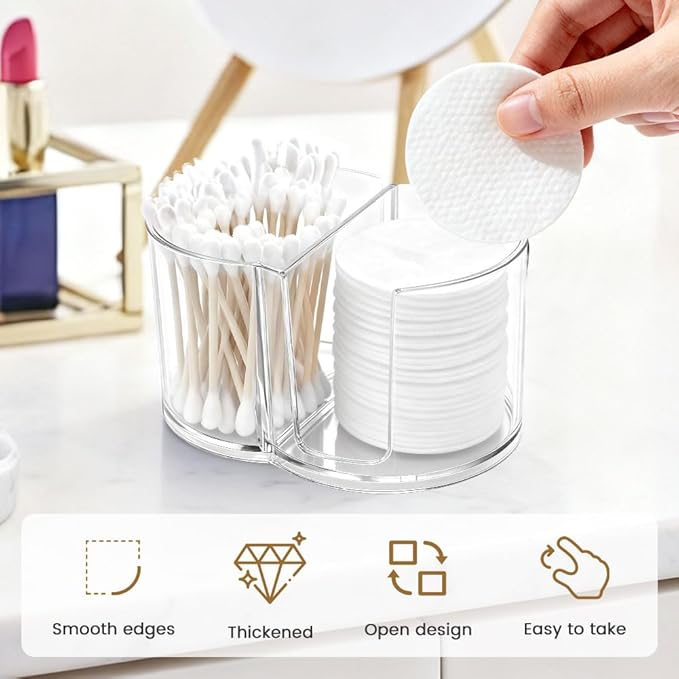 Dual-Compartment Cotton Swab & Pad Organizer with Removable Dustproof Lid, Bathroom Accessories Storage Organizer for Swabs, Cotton-Pads(COLOR:Transparent)