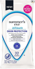 Summer's Eve Ultimate Odor Protection Daily Feminine Wipes, Gentle pH-Balanced Formula with Boric Acid Cleanses & Removes Vaginal Odor, Resealable Pack, 32 Body Wipes