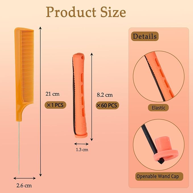 60 Pieces Hair Perm Pods Plastic Perming Rods Cold Wave Rods Curlers Hair Rollers with 1 Pieces Steel Pintail for Hairdressing Styling(Red, 1.3 cm/0.51 Inch)