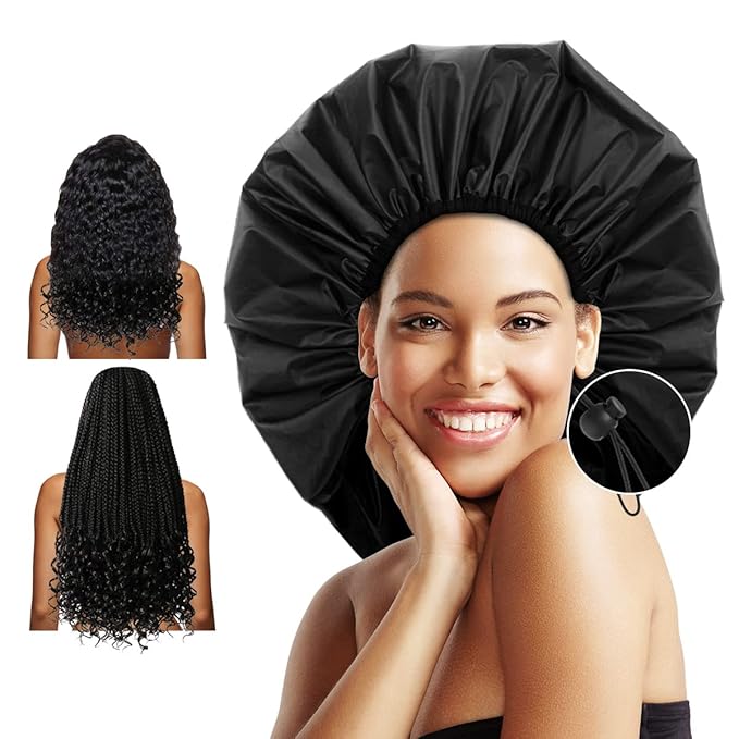 Auban Extra Large Shower Cap, Waterproof Reusable Hair Cap, XL Satin Lined Shower Bonnet for Women Men Thick Long Hair, Braids, Dreadlocks(Adjustable)