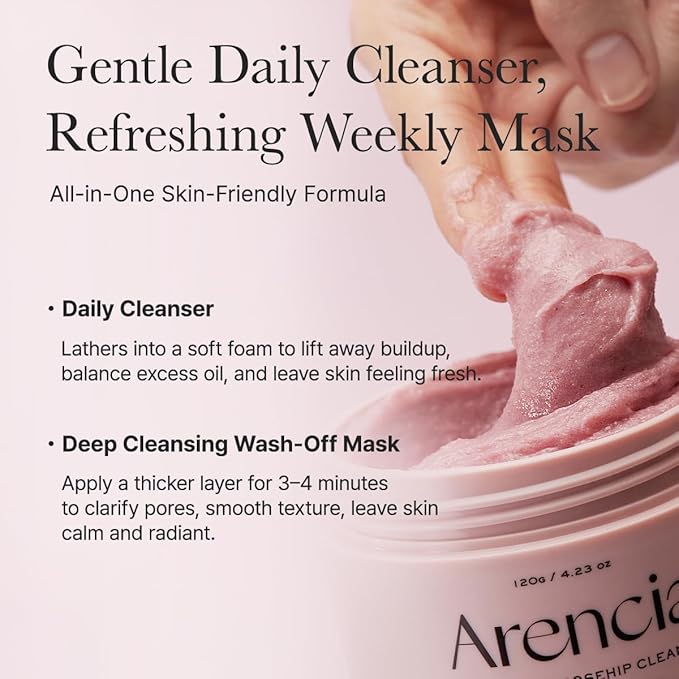 Arencia Rosehip Brightening Rice Mochi Face Cleanser & Daily Scrub - Moisturizing, Exfoliating & Deep-Cleansing - All Skin Types with Rice Powder & Rice Water (1.76oz)
