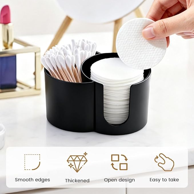 Qtip Holder Dispenser,Dual-Compartment Cotton Swab & Cotton Pad Organizer with Removable Dustproo-f Lid,Compact Countertop Storage Container(Black)
