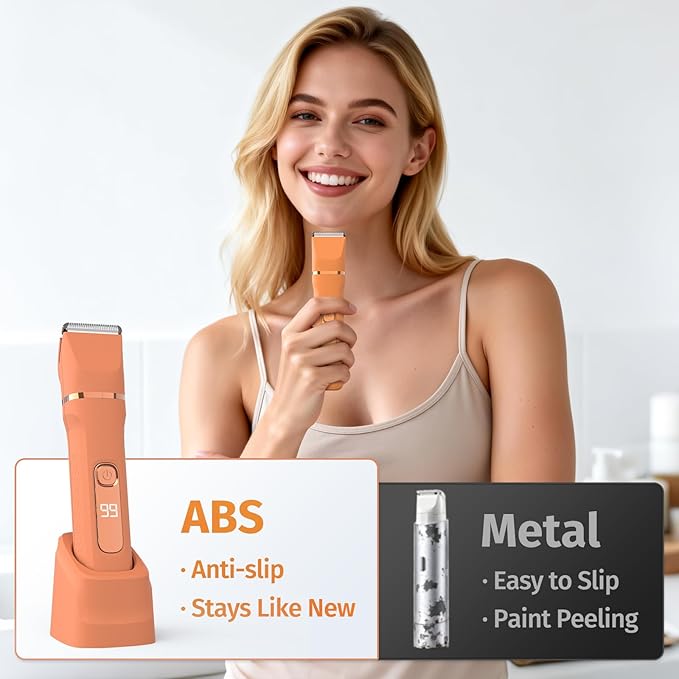 Bikini Trimmer for Women,5-in-1 Electric Razors for Women,Electric Shaver for Women's,IPX7 Waterproof Trimmer for Men Legs,with 5 Replaceable Blade Heads,USB Recharge Dock（Orange