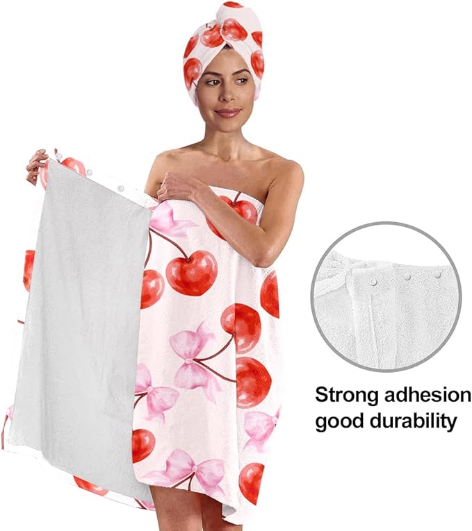 Women's Cherry Bow Towel Wrap and Hair Drying Cap Set – Pink Microfiber Shower Wrap with Red Cherries & Bows – Cute Quick Dry Spa Gift for Girls & Teens (Cherry 2)
