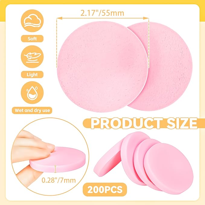 MotBach 200 PCS Round Makeup Sponge, Cosmetic Sponge Round Foam Pad Eye Facial Powder Puff, Pink Beauty Makeup Foundation Powder Blender for Women Lady All Skin Types Wet and Dry Dual Use