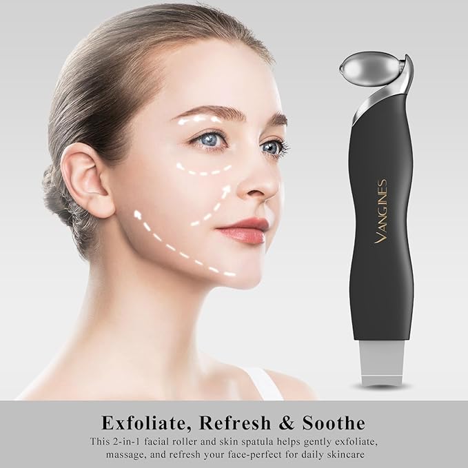 3-in-1 Blackhead Remover Tool with Ice Roller & 2 Silicone Brush Heads - Pore Cleaning Face Spatula, Stainless Steel Skin Scraper for Nose, T-Zone Deep Cleansing (Charcoal Black)