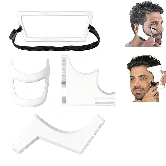 Styling Tools, 4 Styles of Beard Trimming, Reusable Hairline Shaping Tool, Color Spray Edge Line Up Tool, Portable Template Set for Hair and Beard, Clean Hairline Maker for Barbers (White)