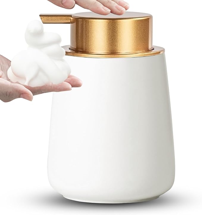 Foaming Soap Dispenser - 12 Oz White Ceramic Foam Hand Soap Dispenser for Bathroom, Face Wash Dispenser Bottle with Matte Golden Foam Pump, Refillable Dish Dispenser for Kitchen