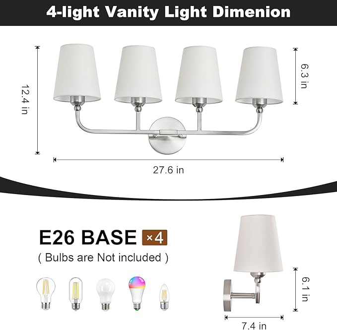 Bathroom Vanity Light, Brushed Nickel Bathroom Light Fixtures, 4-Light Lighting Fixtures Over Mirror, Modern Wall Sconce with Flared White Fabric Shade, E26 Socket(ETL Listed)