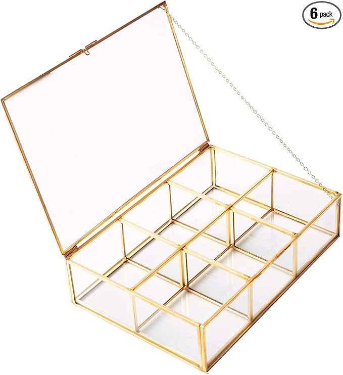 Golden Vintage Glass Box Clear Glass & Brass Metal Storage Jewelry and Cosmetic Makeup Lipstick Holder Organizer Beauty Display, 6 Compartment