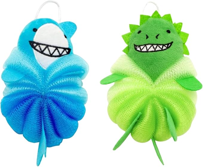 Bath Loofahs,Ttdesefu Kids Toddler Body Sponge Cute Cartoon Kids Loofah,Bath Sponge Shower Puff Soft Loofah Sponge Pouf Exfoliating Mesh Shower Ball (Animal，2 Pcs) (Green,Blue)