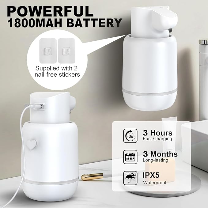Automatic Foaming Soap Dispenser 15oz/420ml Foaming Hand Sanitizer Touchless Wall Mount with 4levels Adjustable Free Touch Electric Soap Dispenser Rechargeable with Sensor(White)