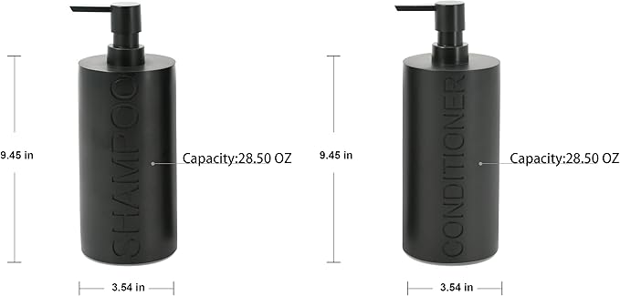 2-Pack Matte Black Resin Refillable Shampoo & Conditioner Bottles – Modern Bathroom Pump Dispenser Set, Durable Resin Shower Containers with Embossed Labels, Reusable Pump Bottle