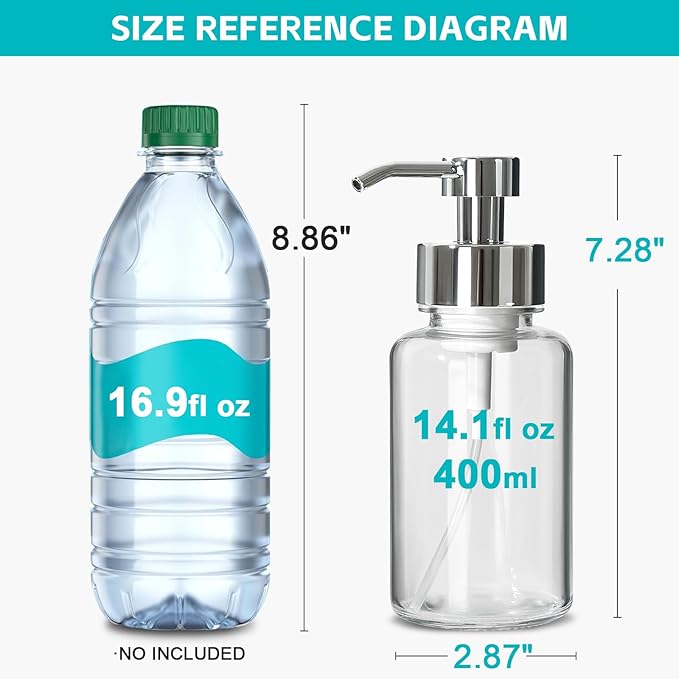 Foaming Soap Dispenser, 14.1 oz/400ml Foaming Hand Soap Dispenser, 2 Pack Glass Foaming Dispenser for Bathroom & Kitchen, Clear Refillable Liquid Dispenser Bottle with Waterproof Labels