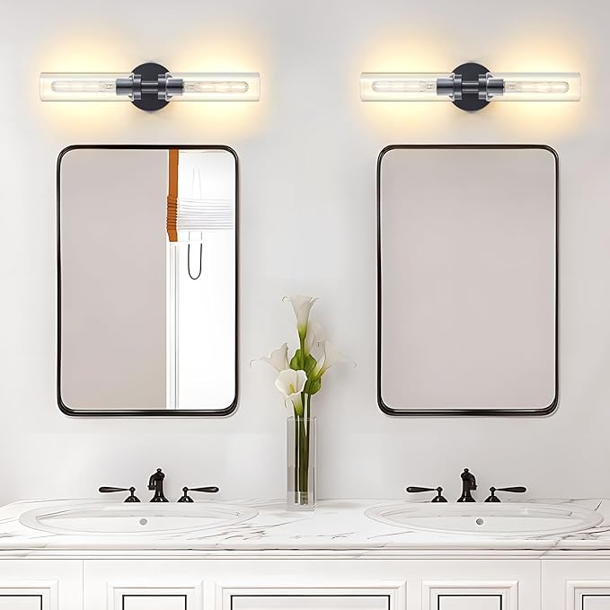 2 Light Bathroom Wall Sconce Set of 2,Modern Farmhouse Black Bathroom Light Fixture Over Mirror with Clear Glass Shade,Bathroom Vanity Light for Hallway Cabinet Bedroom Stairway Porch