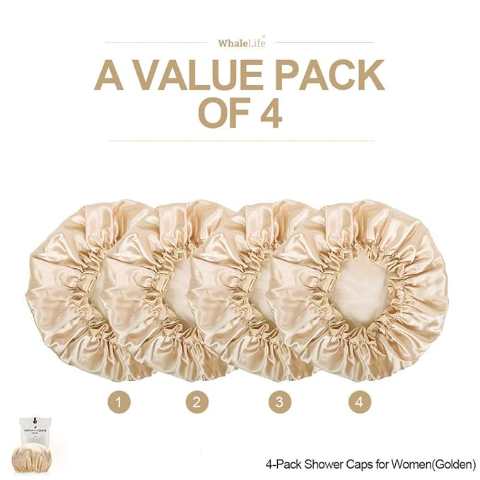 Shower Cap for Women Reusable Extra Large Shower Cap for Men (Golden 4 Pack Large) Satin Double Layer EVA Waterproof Long Hair Cap