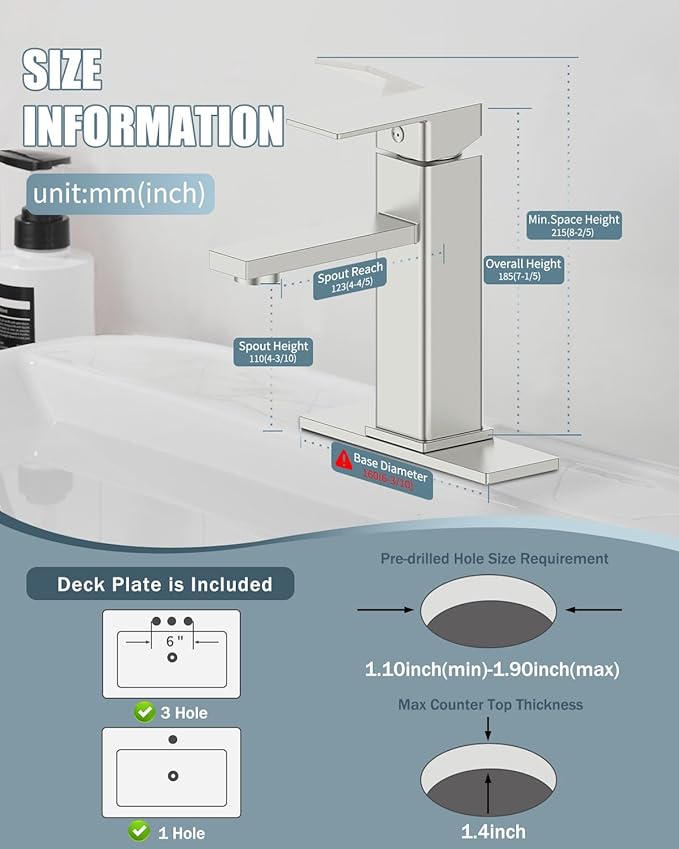 Bathroom Faucets, Bathroom Sink Faucet with Pop-up Sink Drain Stopper & Deck Plate 1 or 3 Hole, Single Handle Modern Farmhouse RV Faucet, Brushed Sealing Glaze