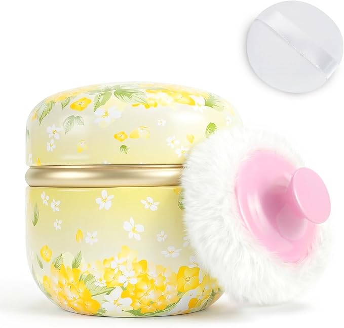SHIMIDO Body Powder Puff and Container, 3.15" Portable Empty Body Powder Container for Baby Women's Loose Dusting Powder, Powder Case Box with Lids for Bath, Travel and Home Use (Yellow Flower)